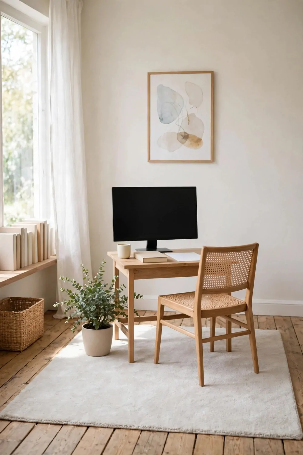 24 Small Home Office Inspiration Looks That Feel Spacious 14 A soft pale rug under a small desk and cane chair marking the office zone, with bare wooden floorboards at the edges and a potted plant nearby.