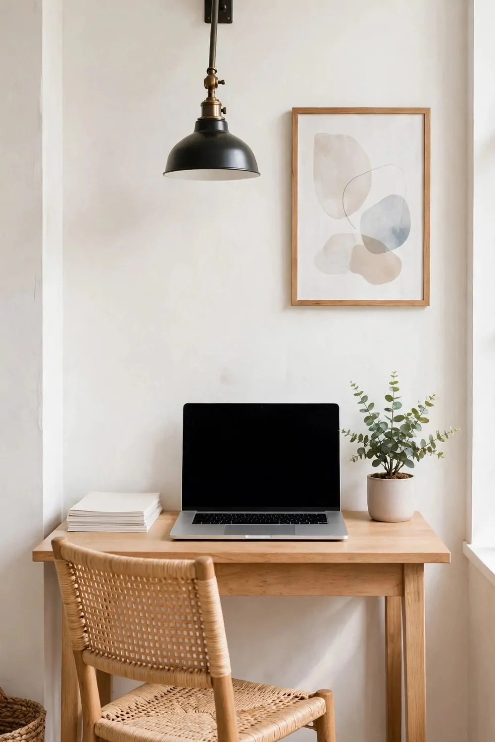 24 Small Home Office Inspiration Looks That Feel Spacious 15 A wall lamp with a movable arm fixed above a wooden desk with a laptop with a blank screen, a rattan chair, and a potted plant.