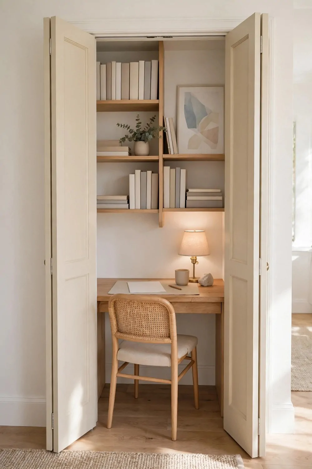 24 Small Home Office Inspiration Looks That Feel Spacious 16 A closet office with open double doors, a fitted wooden desk, shelves of plain books above, a lit table lamp, and a cane chair.
