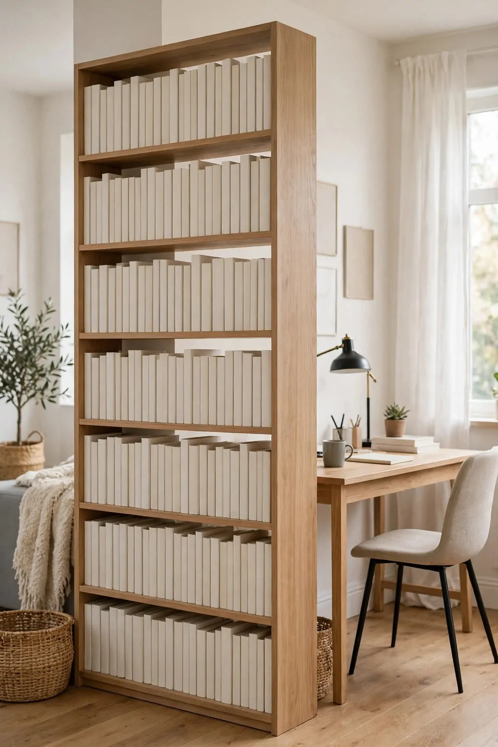 24 Small Home Office Inspiration Looks That Feel Spacious 17 A tall slim bookshelf full of plain books used as a room divider, with a wooden desk, lamp, and chair tucked behind it and a living area beside it.
