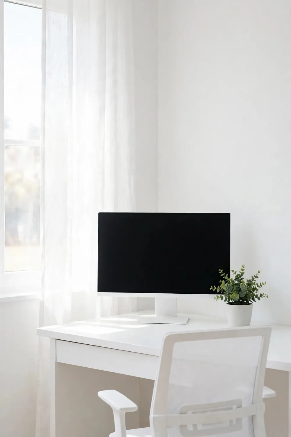 24 Small Home Office Inspiration Looks That Feel Spacious 18 An all-white home office with a white desk, a white chair, a blank monitor, warm wood accents, and a small green plant in bright light.