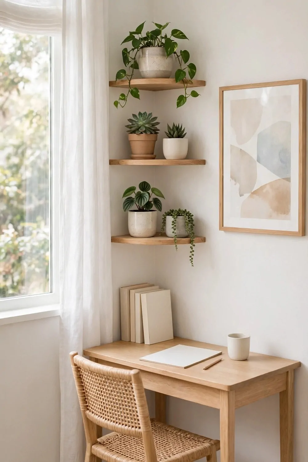 24 Small Home Office Inspiration Looks That Feel Spacious 19 Corner wall shelves holding several potted plants above a small wooden desk with a rattan chair in soft daylight.