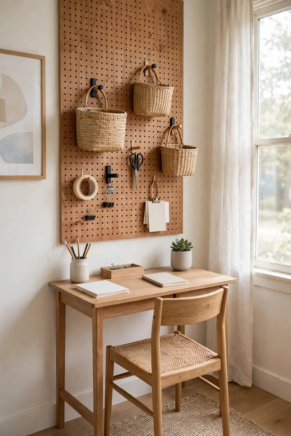 24 Small Home Office Inspiration Looks That Feel Spacious 20 A pegboard wall above a small desk holding woven baskets, hooks, scissors, and blank paper, with a cane chair below.