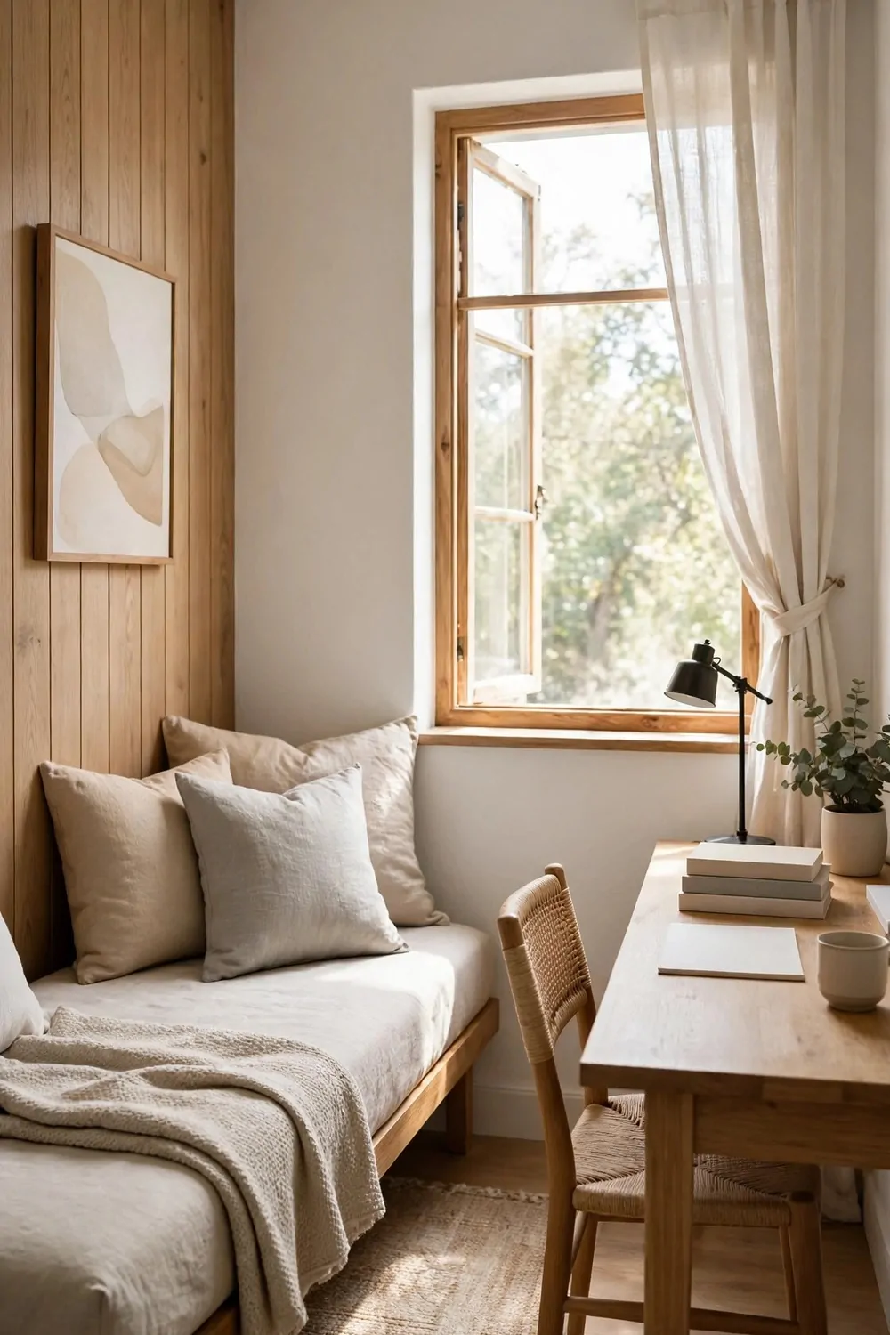 24 Small Home Office Inspiration Looks That Feel Spacious 21 A daybed with a neat cover, cushions, and a throw along one wall, facing a wooden desk with plain books, a lamp, a plant, and a cane chair beside an open window.