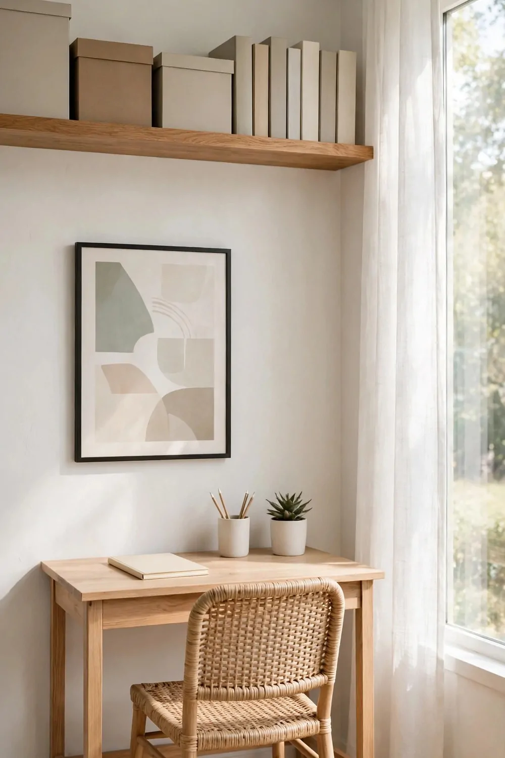 24 Small Home Office Inspiration Looks That Feel Spacious 22 A long high shelf near the ceiling holding plain boxes and blank-spined books above a small desk, with a cane chair below.
