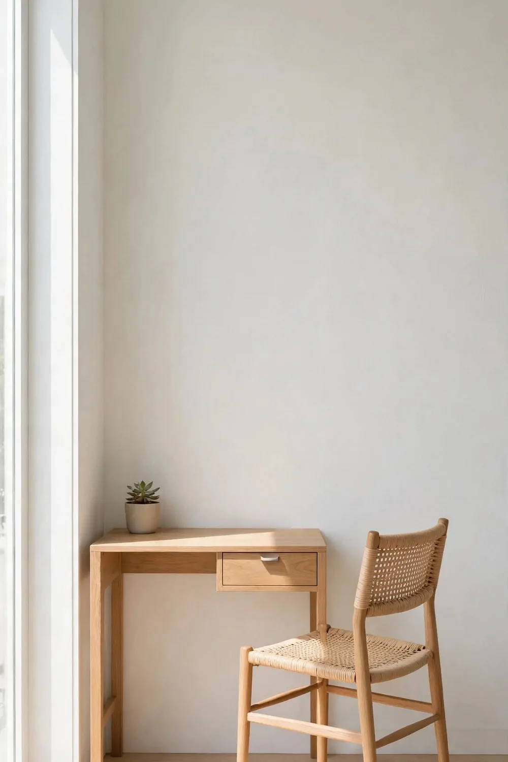 24 Small Home Office Inspiration Looks That Feel Spacious 23 A minimal wooden desk with slim legs and one drawer, holding only a small potted plant, with a cane chair against a bare pale wall.