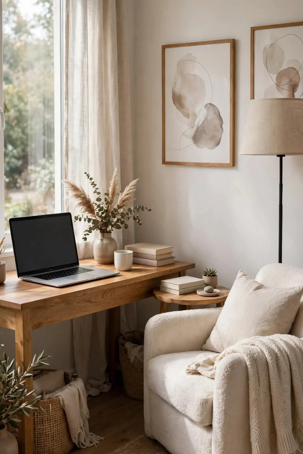 24 Small Home Office Inspiration Looks That Feel Spacious 24 A small reading nook beside a wooden desk with a cushioned chair, a warm lamp, a small table, and a basket of books.