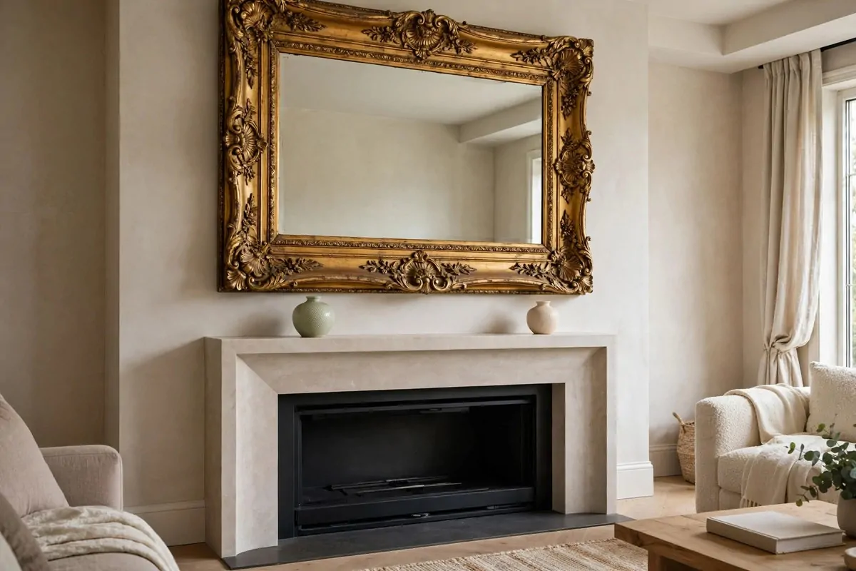 24 Vintage Home Decor Pieces That Give Your Home Character 1 Ornate gold vintage mirror with carved frame hanging above a modern fireplace mantel