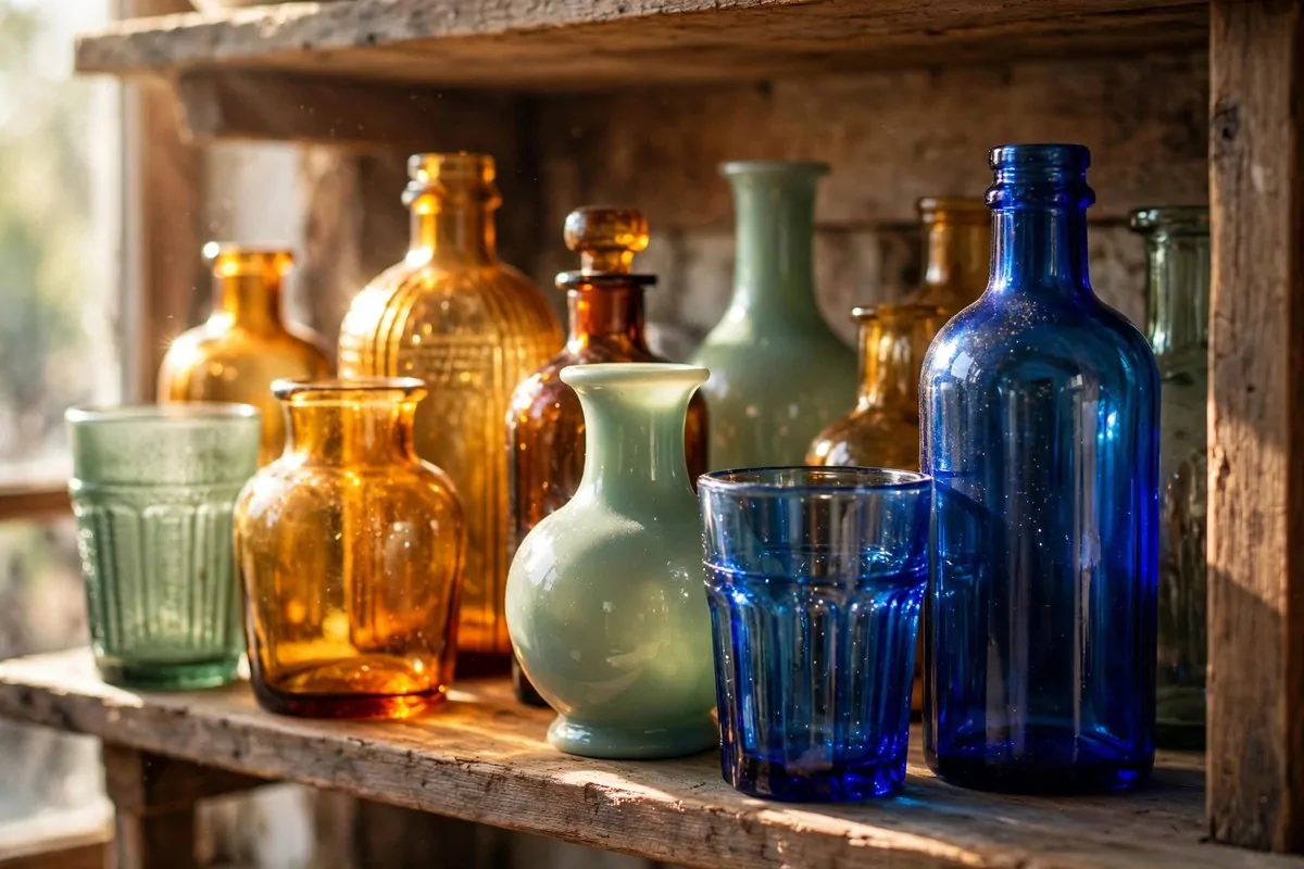 24 Vintage Home Decor Pieces That Give Your Home Character 2 Vintage amber, sage green and cobalt blue glassware glowing on open wooden kitchen shelves