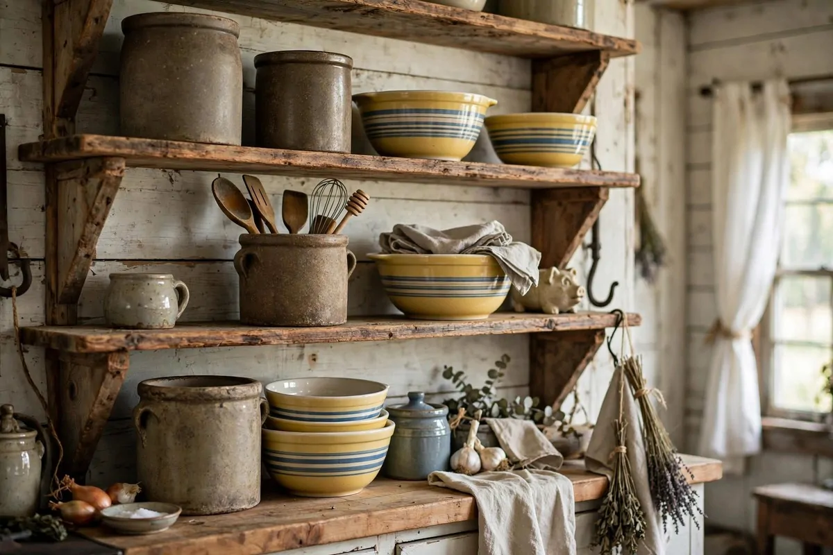 24 Vintage Home Decor Pieces That Give Your Home Character 17 Old stoneware crocks and striped yellowware bowls on open wooden kitchen shelves
