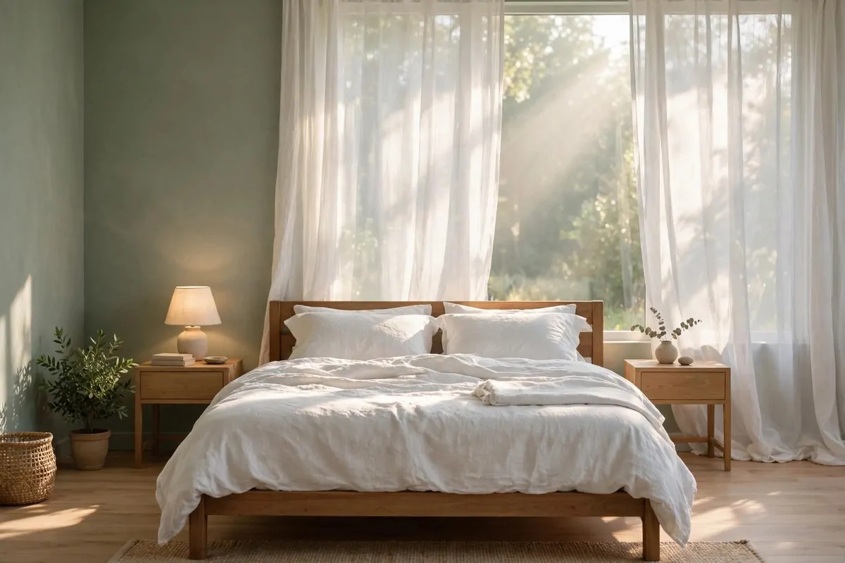 25 Bedroom Makeovers That Feel Like a Calm Retreat 1 A serene bedroom with sage green walls, white linen bedding and soft morning light, styled as a calm retreat