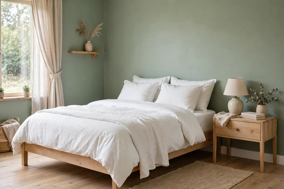 25 Bedroom Makeovers That Feel Like a Calm Retreat 2 Bedroom with soft sage green walls, white bedding and natural wood furniture