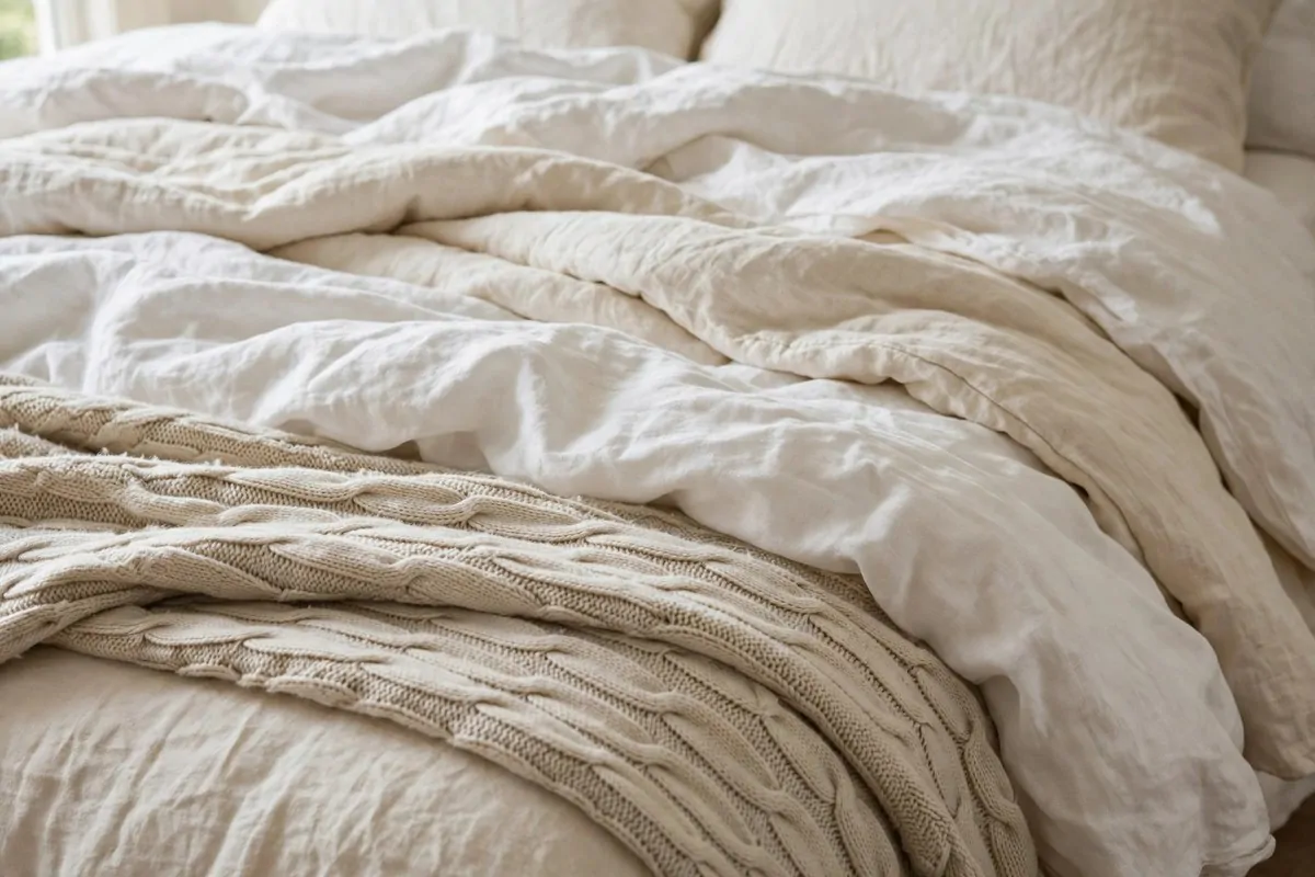 25 Bedroom Makeovers That Feel Like a Calm Retreat 3 Close-up of a bed layered with white and cream linen bedding and a knit throw