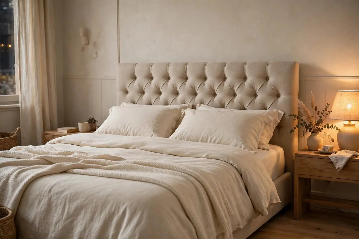 25 Bedroom Makeovers That Feel Like a Calm Retreat 4 Beige tufted upholstered headboard on a bed with neutral bedding