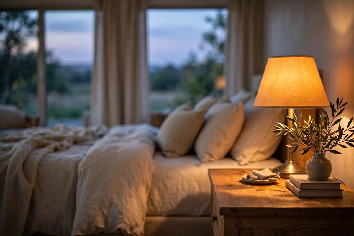 25 Bedroom Makeovers That Feel Like a Calm Retreat 5 Bedroom at dusk with warm amber bedside lamp glowing softly