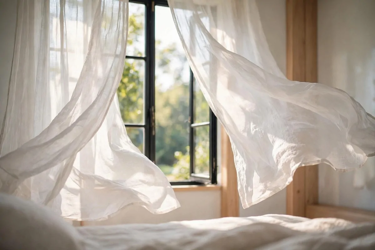 25 Bedroom Makeovers That Feel Like a Calm Retreat 6 Sheer linen curtains blowing gently in a bright bedroom window
