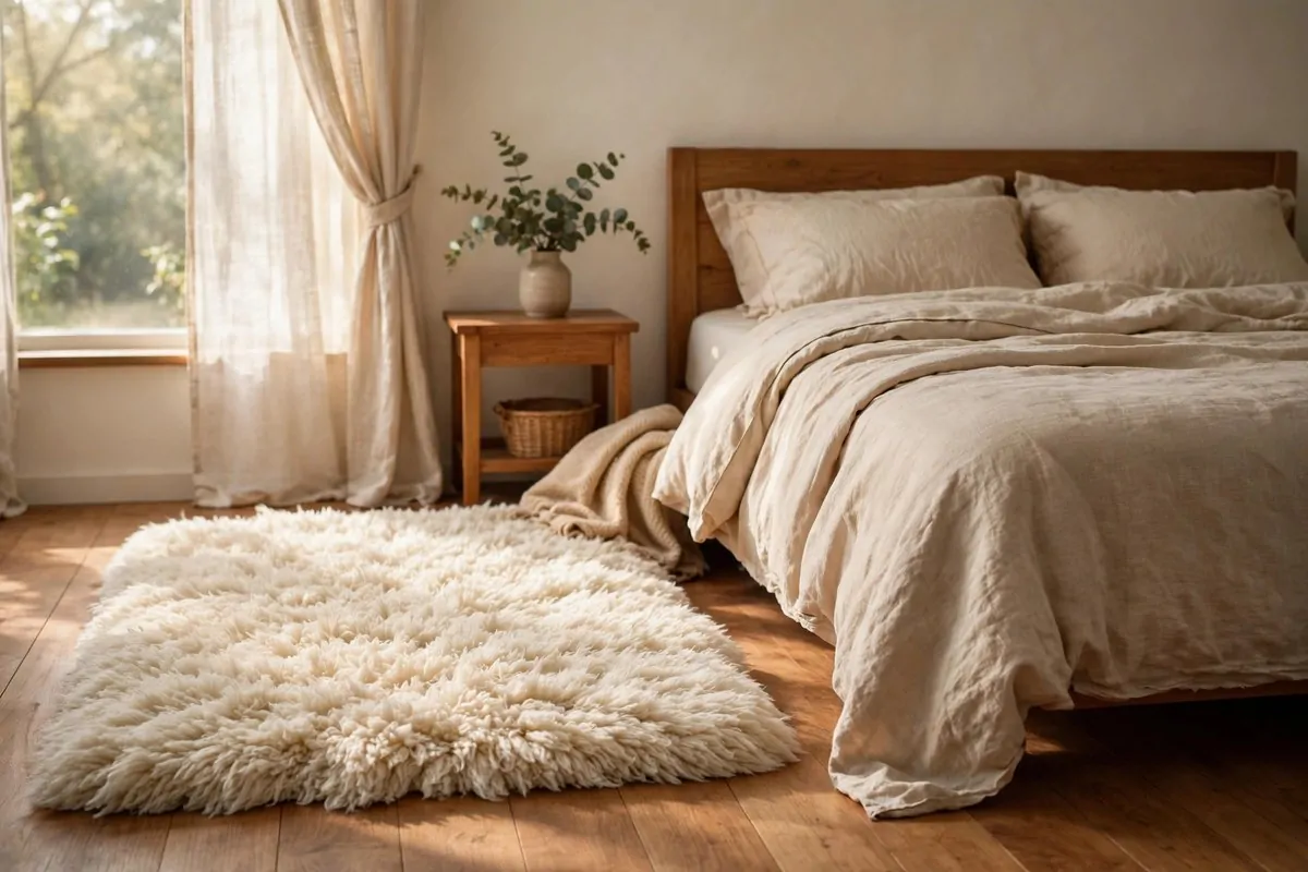 25 Bedroom Makeovers That Feel Like a Calm Retreat 7 Fluffy cream rug beside a bed on wooden bedroom floor