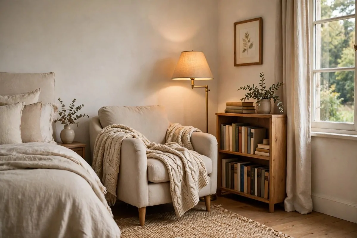25 Bedroom Makeovers That Feel Like a Calm Retreat 8 Cozy bedroom reading corner with armchair, floor lamp and small bookshelf
