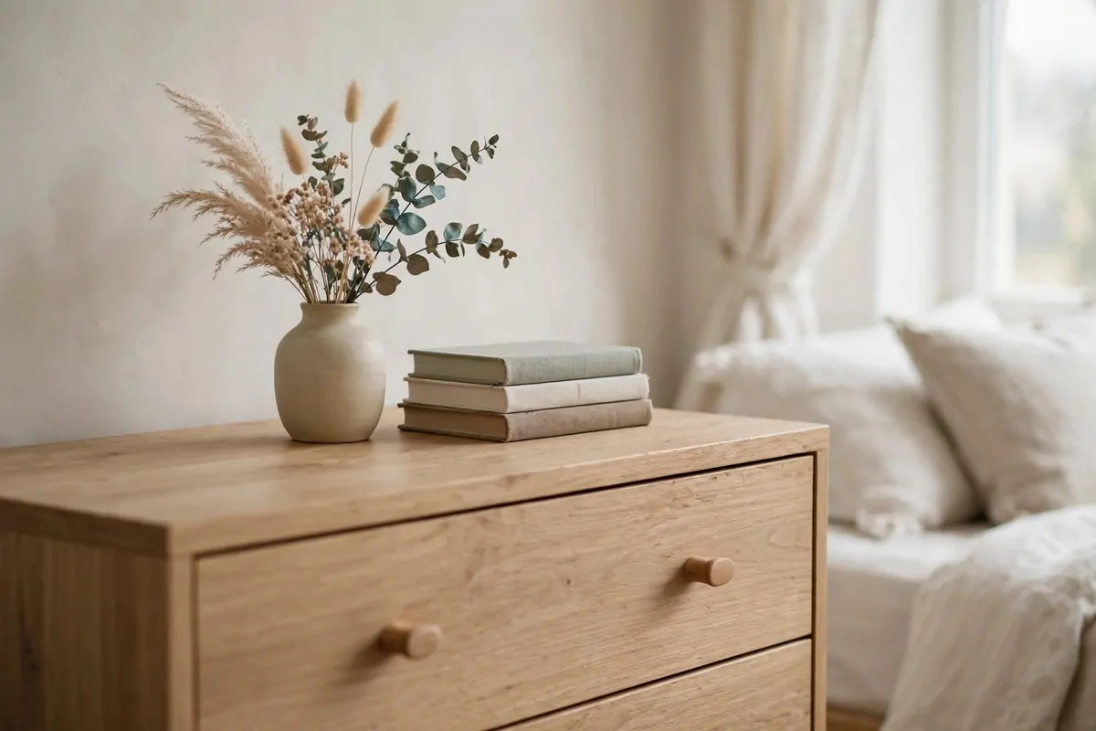 25 Bedroom Makeovers That Feel Like a Calm Retreat 9 Tidy minimal dresser top in a calm bedroom with a small vase