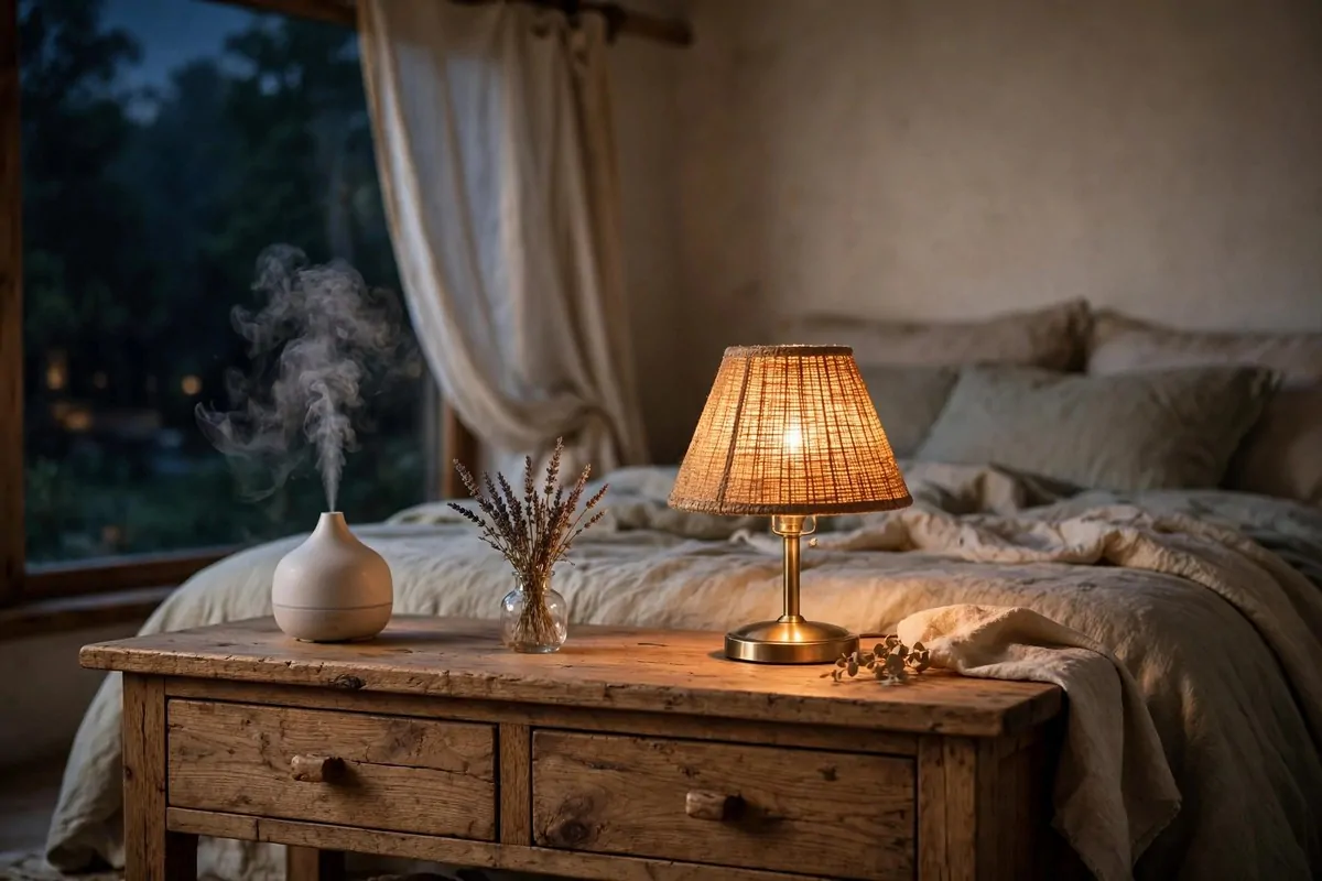 25 Bedroom Makeovers That Feel Like a Calm Retreat 10 Nightstand with a diffuser, dried lavender sprigs and a warm glowing lamp