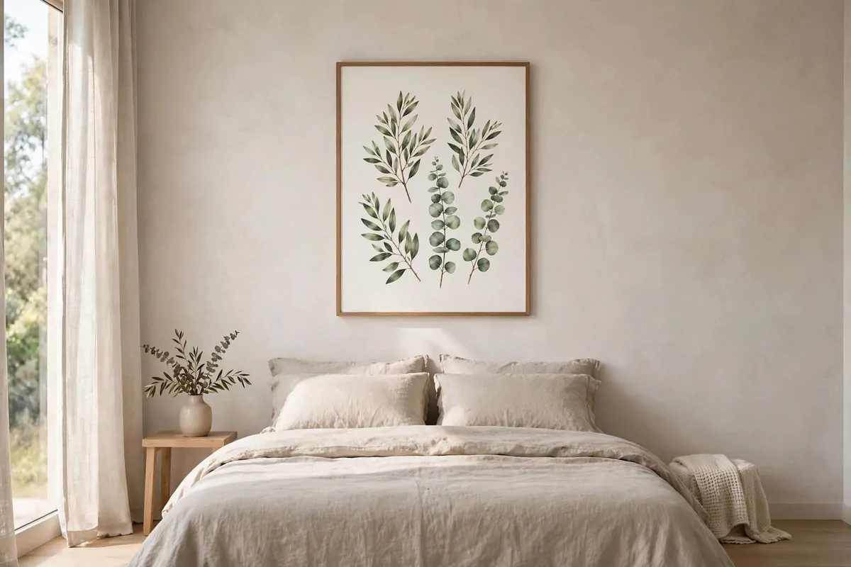 25 Bedroom Makeovers That Feel Like a Calm Retreat 11 Single botanical art print in a wooden frame above a bed