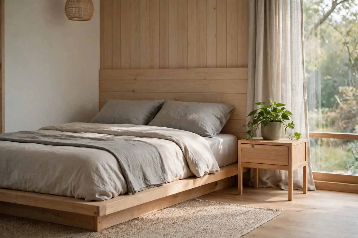 25 Bedroom Makeovers That Feel Like a Calm Retreat 12 Japandi style bedroom with low wooden bed, neutral tones and minimal decor