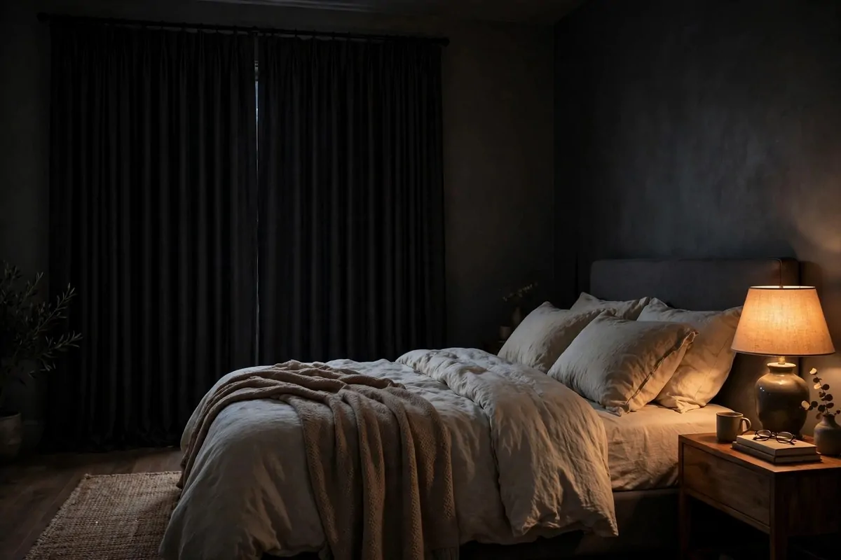 25 Bedroom Makeovers That Feel Like a Calm Retreat 13 Dark lined curtains fully closed in a dim calm bedroom
