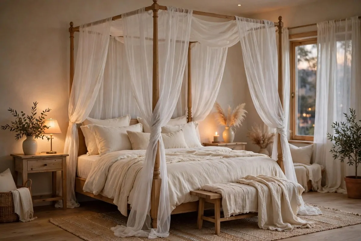 25 Bedroom Makeovers That Feel Like a Calm Retreat 14 Four-poster canopy bed with sheer white drapes in a calm bedroom
