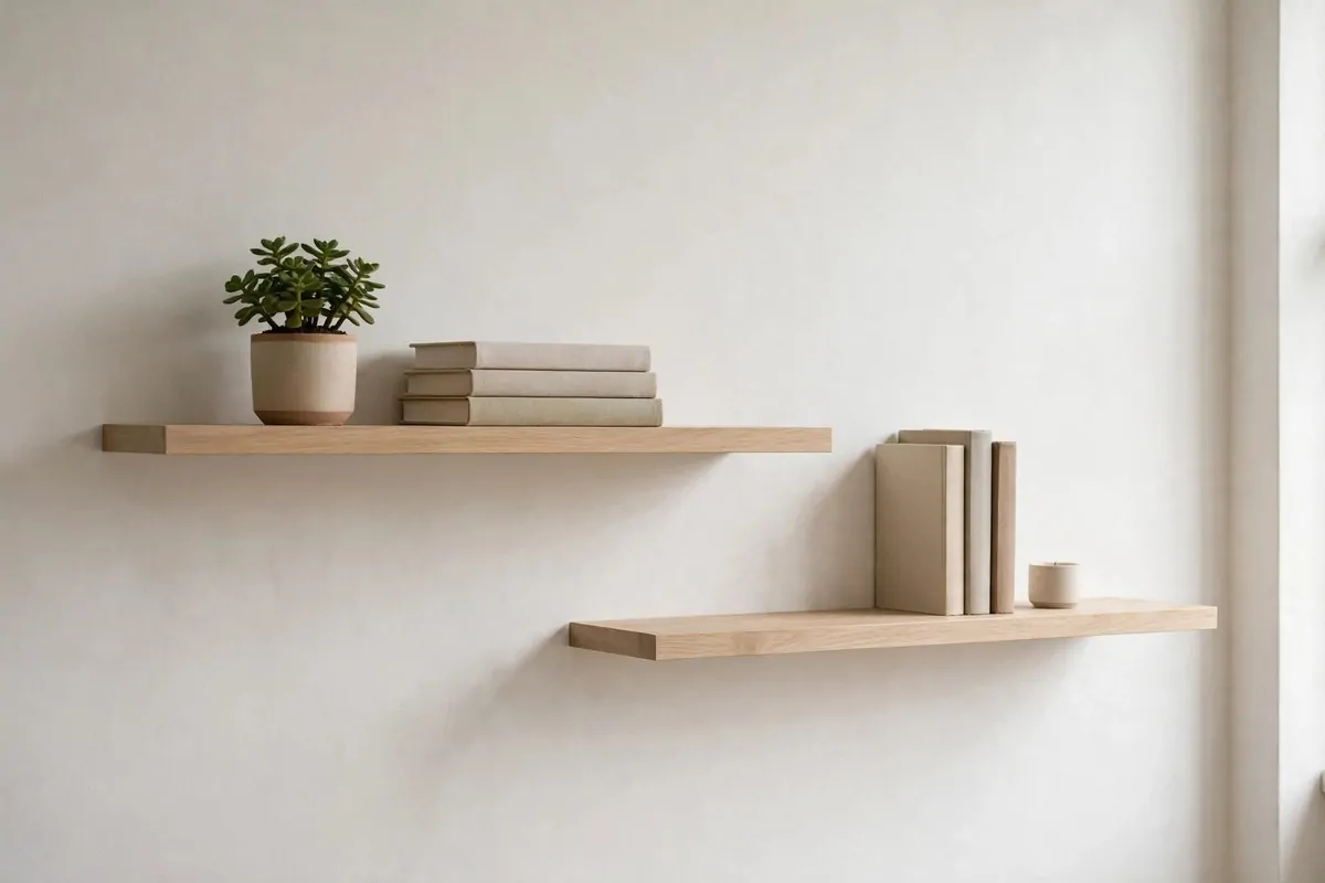 25 Bedroom Makeovers That Feel Like a Calm Retreat 15 Two wooden floating shelves on a bedroom wall with small plants and books
