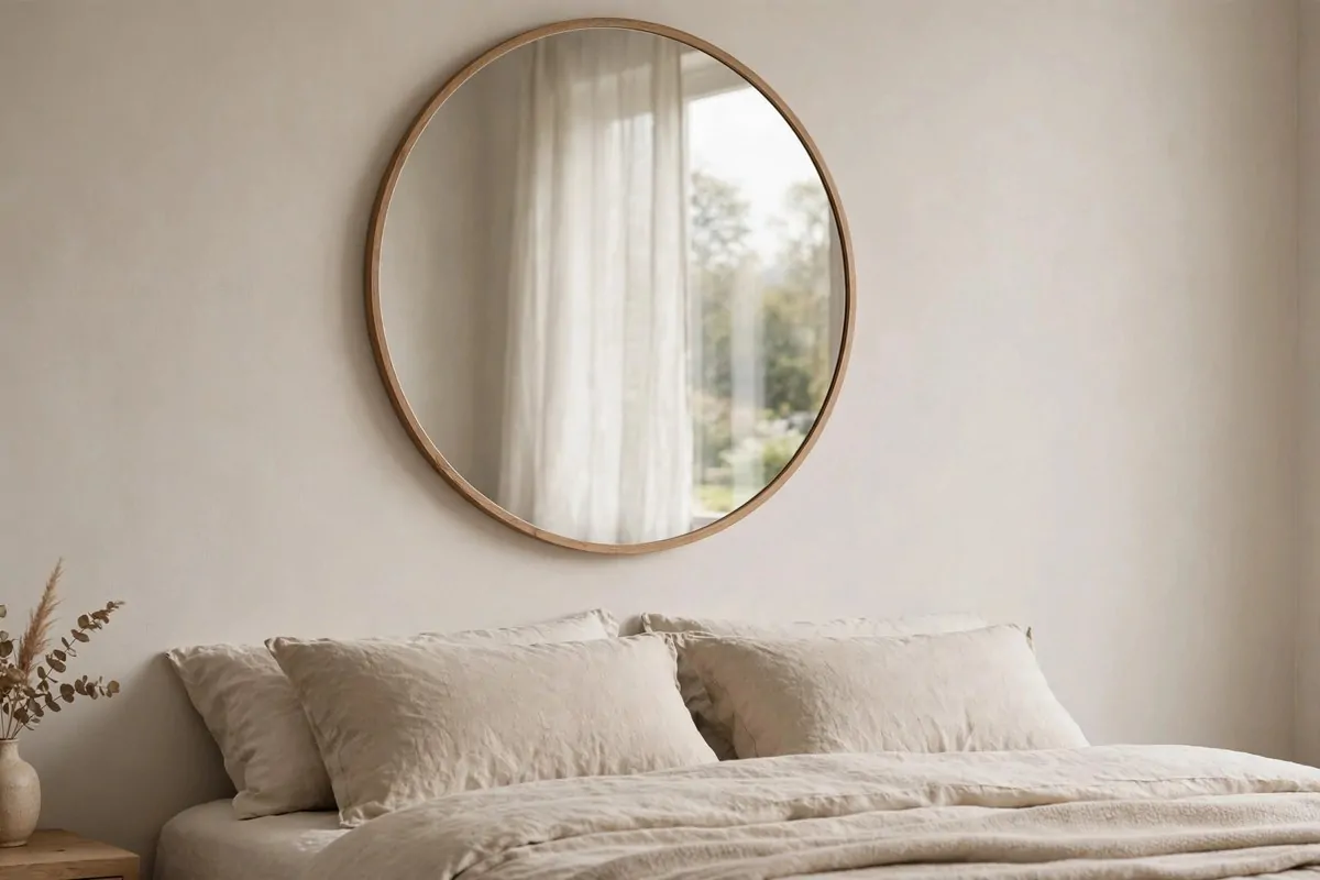 25 Bedroom Makeovers That Feel Like a Calm Retreat 16 Large round mirror on a bedroom wall reflecting soft window light