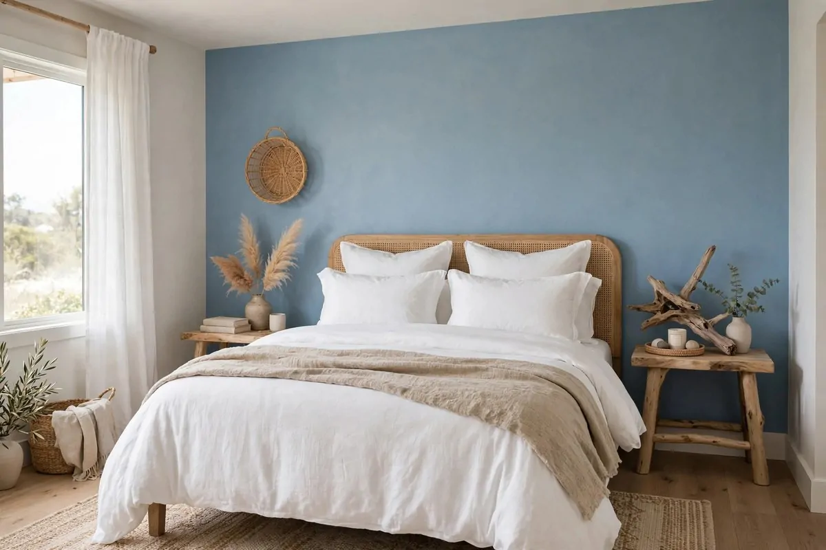 25 Bedroom Makeovers That Feel Like a Calm Retreat 17 Bedroom with a soft ocean blue accent wall, white bedding and driftwood decor
