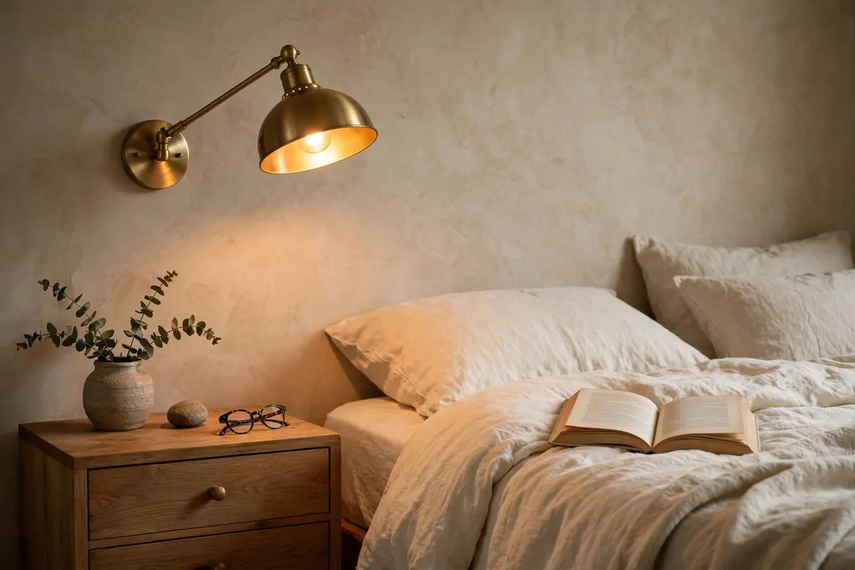 25 Bedroom Makeovers That Feel Like a Calm Retreat 18 Brass swing-arm lamp on a wooden nightstand beside a bed