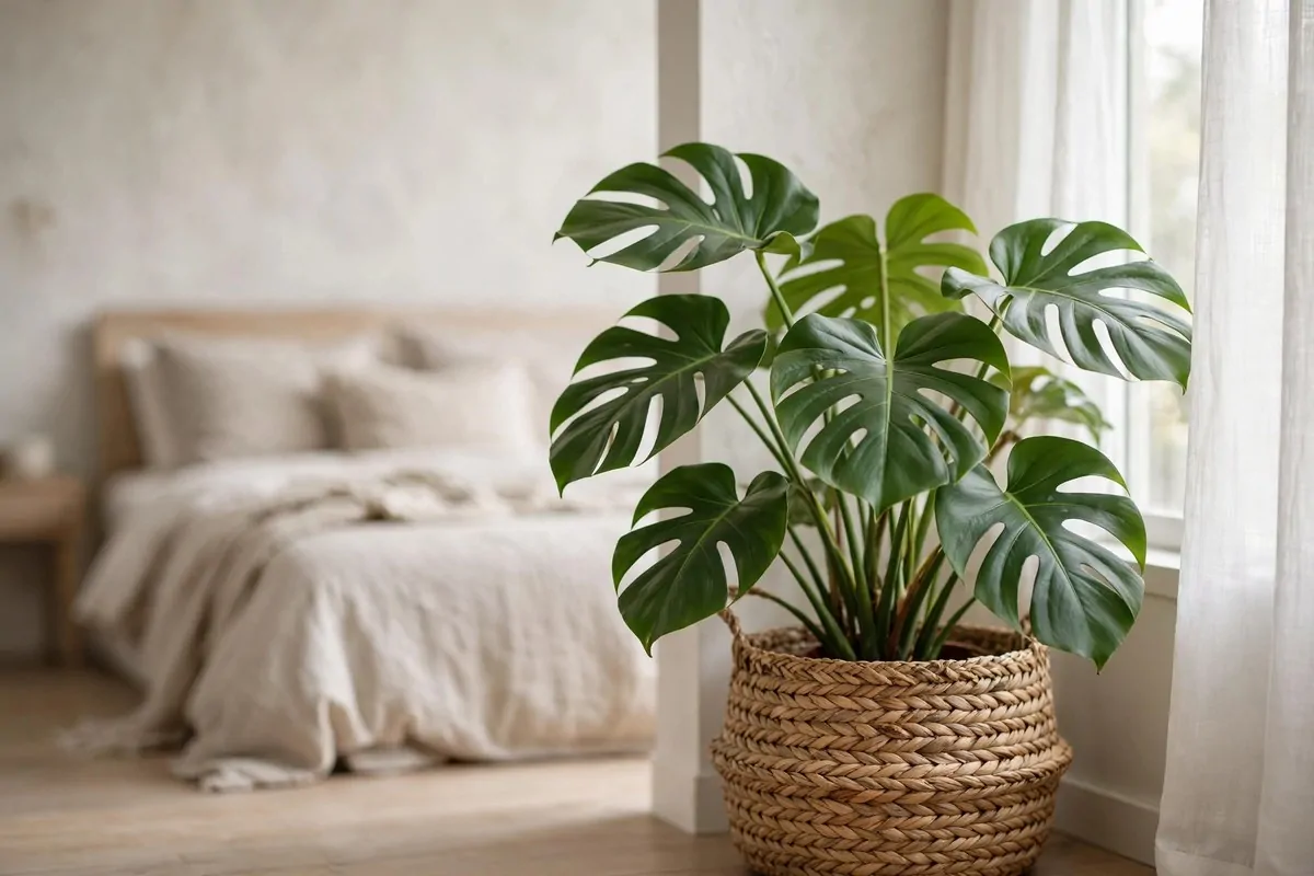 25 Bedroom Makeovers That Feel Like a Calm Retreat 19 Large leafy green plant in a woven basket in a bright bedroom corner