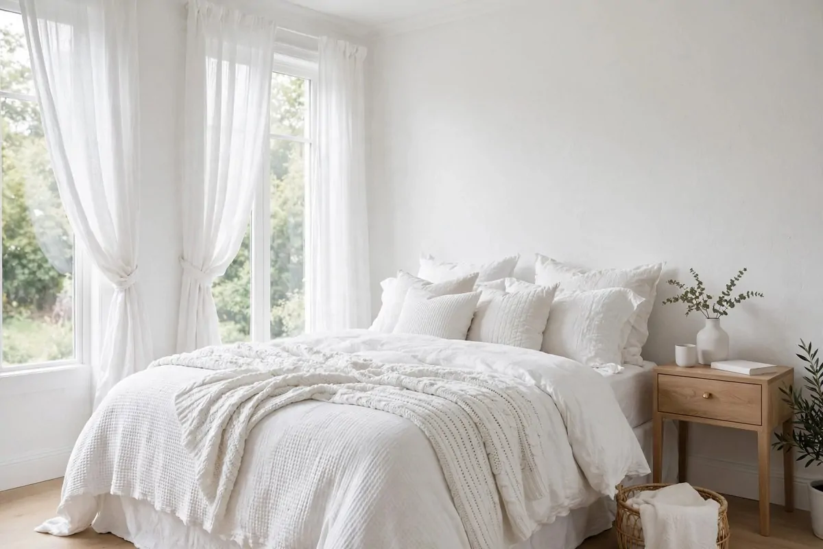 25 Bedroom Makeovers That Feel Like a Calm Retreat 20 Bright all-white bedroom with layered white bedding and soft daylight
