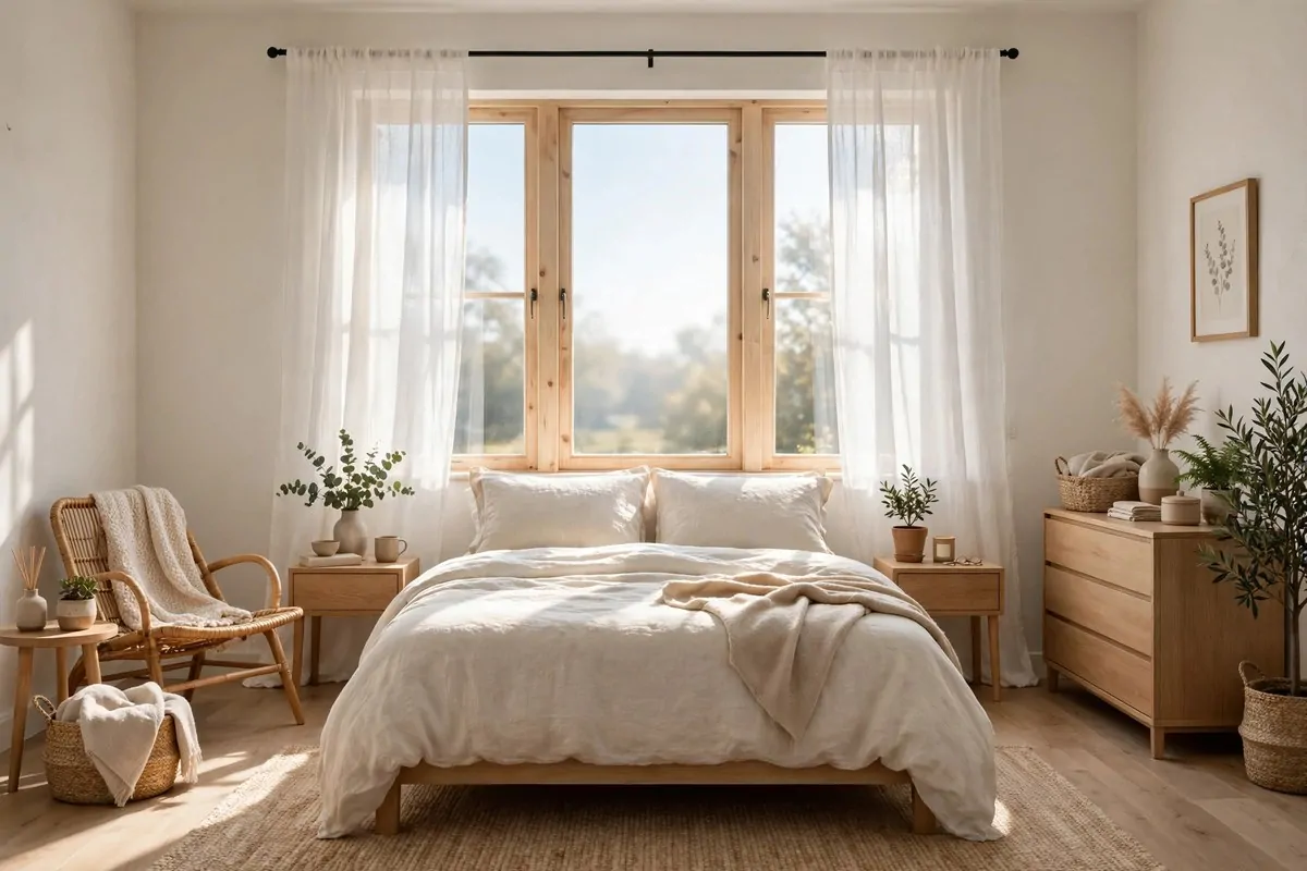 25 Bedroom Makeovers That Feel Like a Calm Retreat 21 Bed placed under a bright window in a calm bedroom with new layout