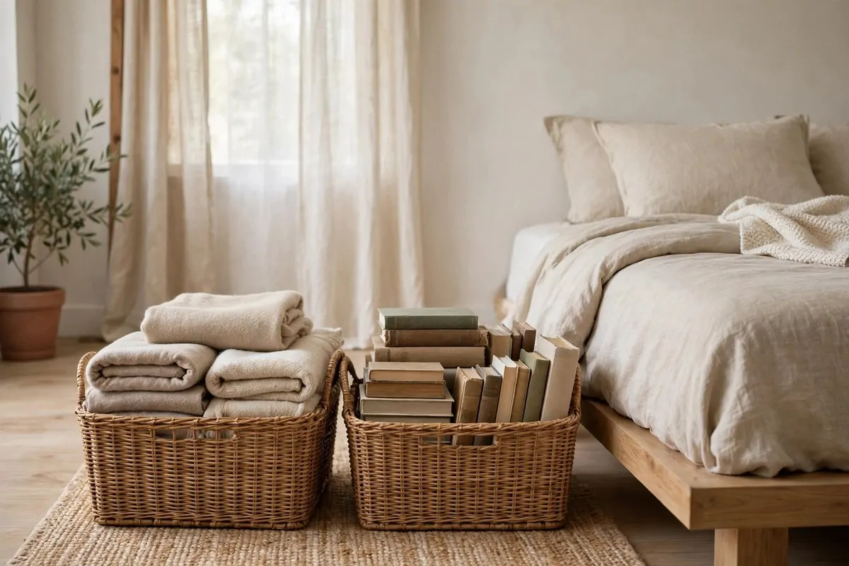 25 Bedroom Makeovers That Feel Like a Calm Retreat 22 Woven rattan storage baskets beside a bed holding throws and books