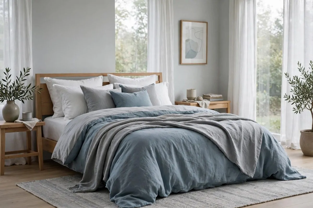 25 Bedroom Makeovers That Feel Like a Calm Retreat 23 Bedroom with muted blue-gray bedding, gray throw pillows and soft light