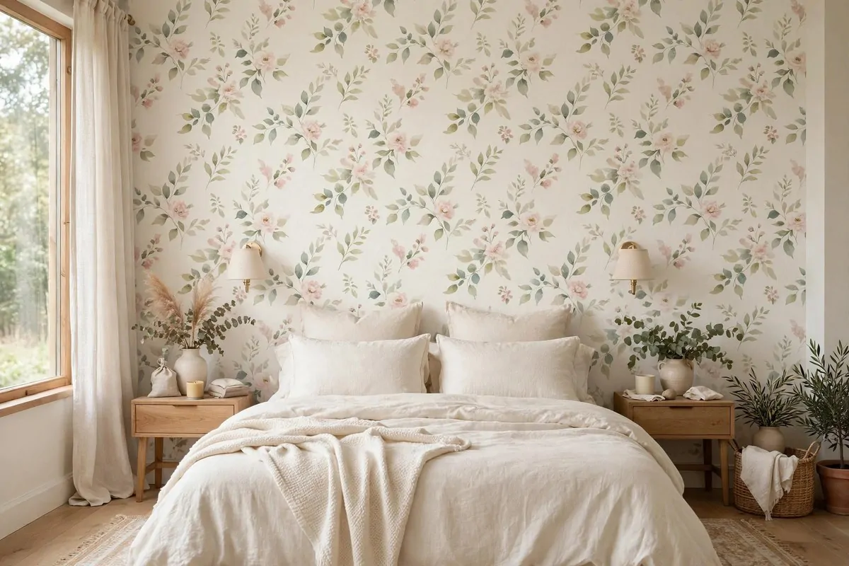 25 Bedroom Makeovers That Feel Like a Calm Retreat 24 Bedroom accent wall with soft muted floral wallpaper behind the bed