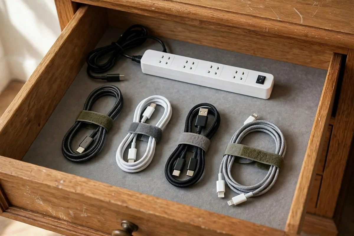 25 Bedroom Makeovers That Feel Like a Calm Retreat 25 Open nightstand drawer with a tidy charging station, cables neatly arranged