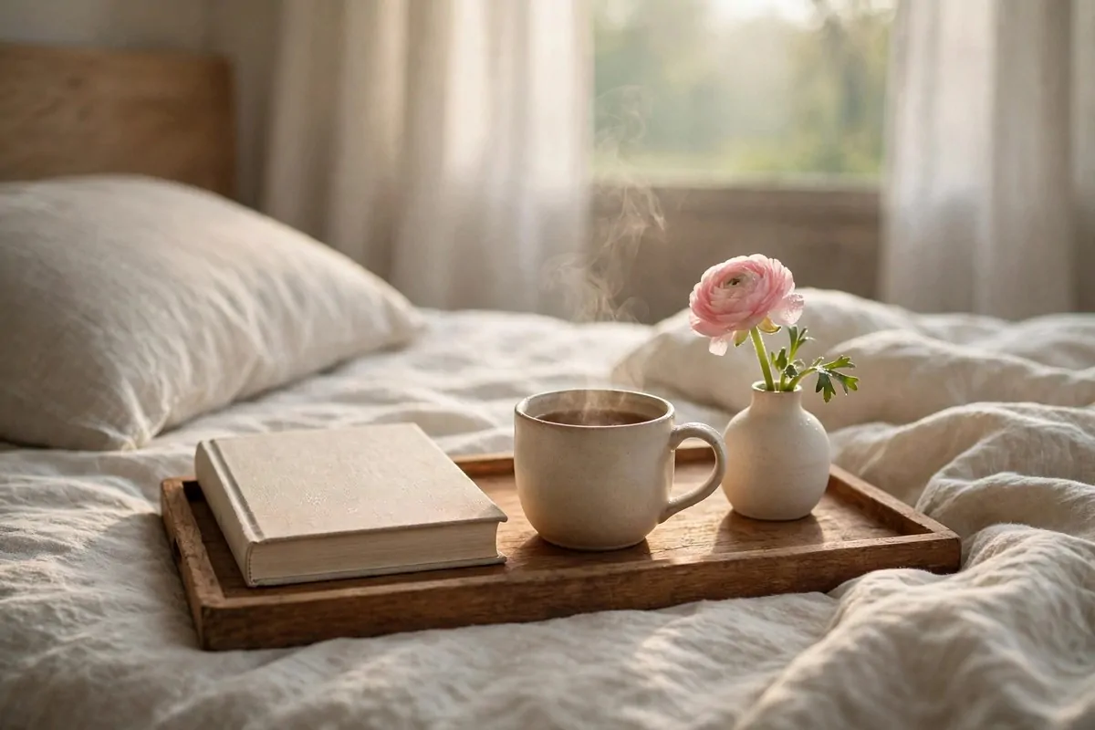25 Bedroom Makeovers That Feel Like a Calm Retreat 26 Wooden tray on a bed with a book, a cup of tea and a small vase of flowers