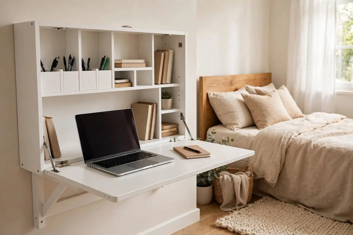 25 Bedroom Office Ideas That Keep Work Out of Sight 1 Fold-down wall desk opened in a bedroom with a laptop and notebook on it