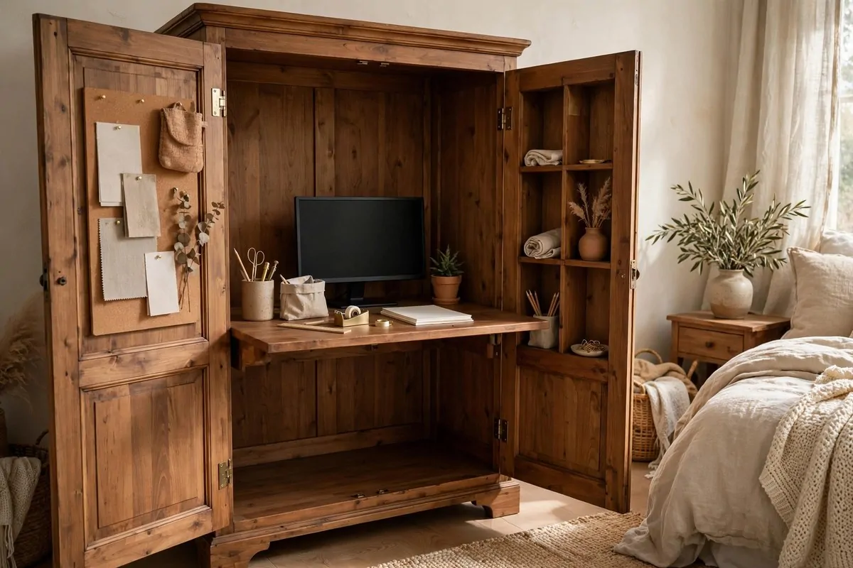 25 Bedroom Office Ideas That Keep Work Out of Sight 2 Wooden armoire workstation with doors open showing a desk and shelves inside