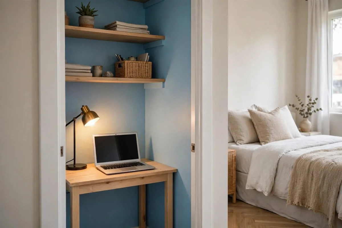 25 Bedroom Office Ideas That Keep Work Out of Sight 3 Small closet converted into an office with a desk, shelves and bright walls