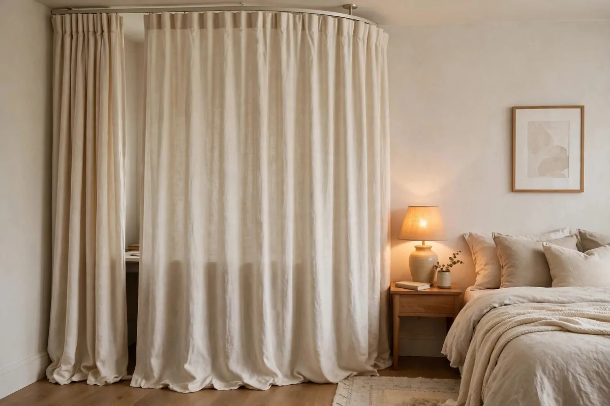 25 Bedroom Office Ideas That Keep Work Out of Sight 4 Bedroom desk nook hidden behind a floor-to-ceiling curtain
