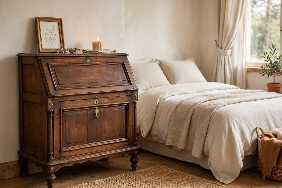 25 Bedroom Office Ideas That Keep Work Out of Sight 5 Closed wooden secretary desk with a drop-front panel in a cozy bedroom