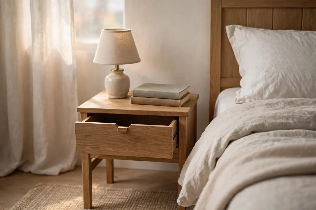 25 Bedroom Office Ideas That Keep Work Out of Sight 6 Compact desk used as a nightstand beside a bed with a lamp and books