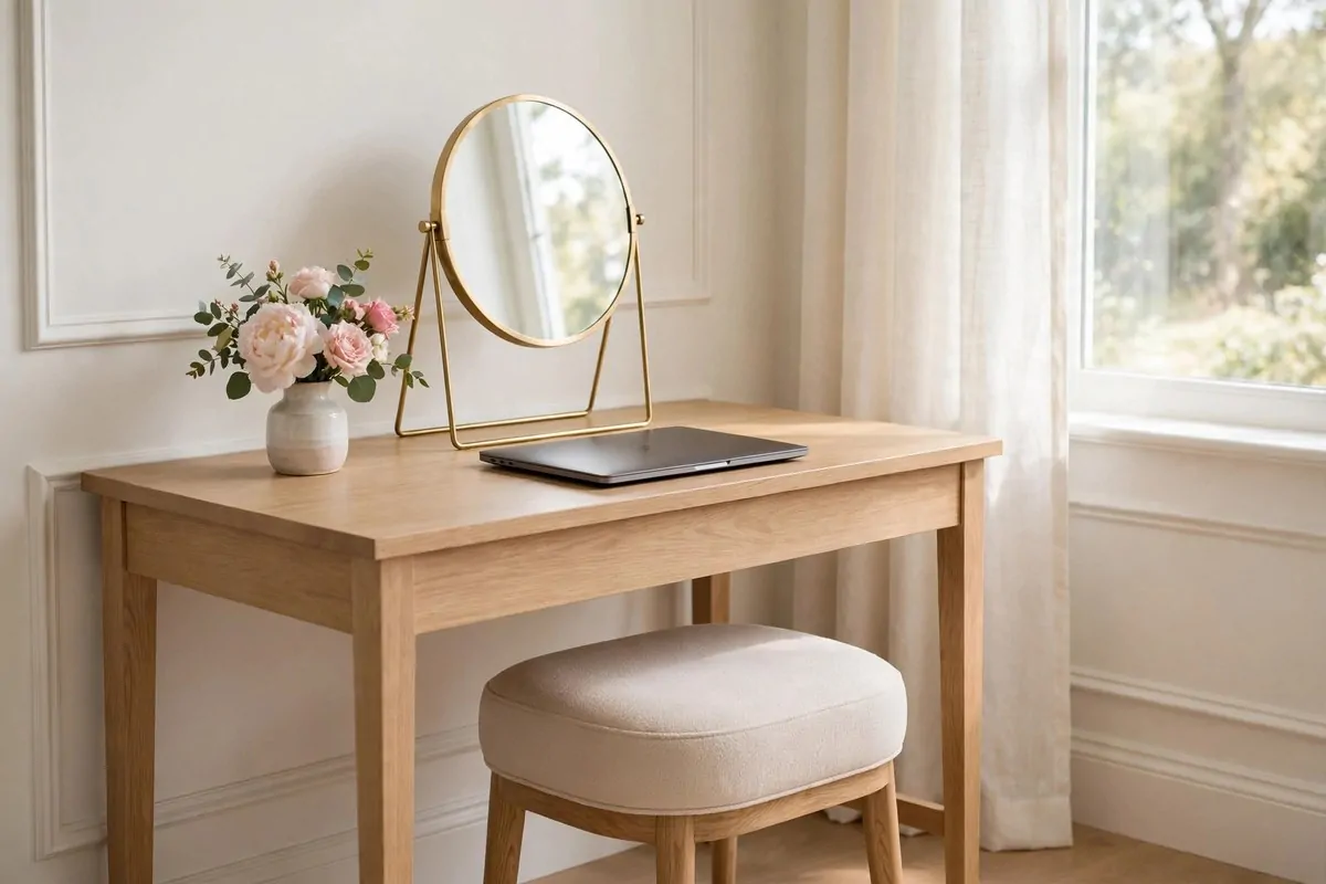 25 Bedroom Office Ideas That Keep Work Out of Sight 7 Vanity desk with a round mirror in a bedroom doubling as a workspace
