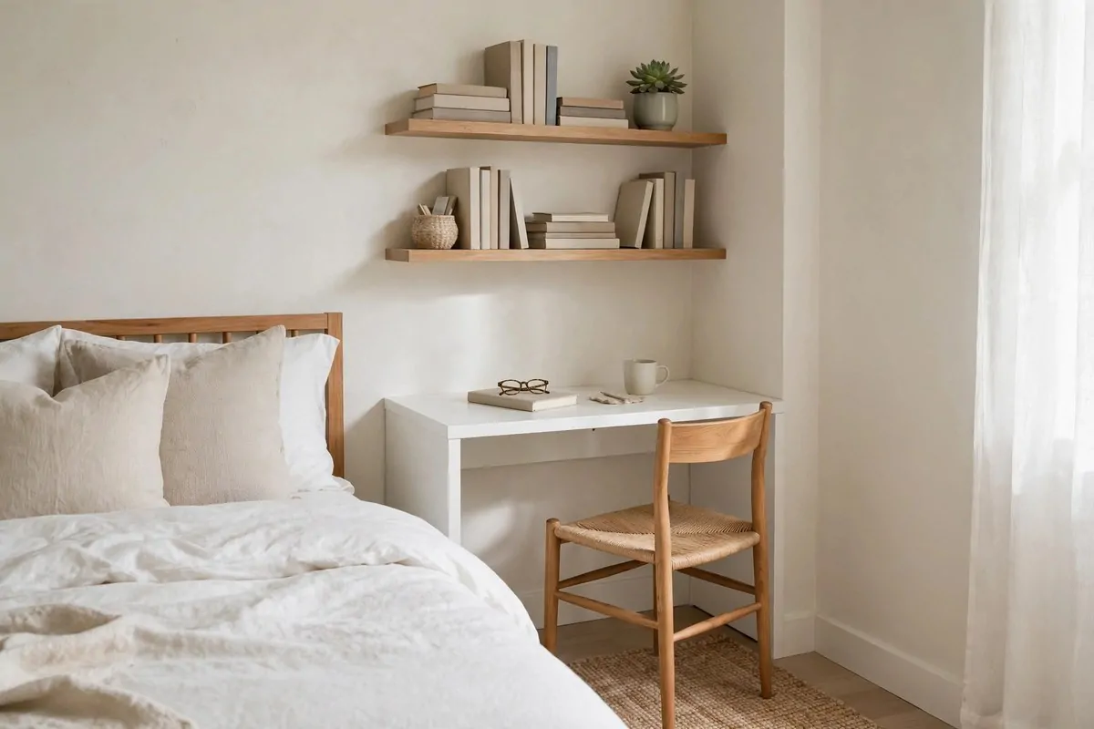 25 Bedroom Office Ideas That Keep Work Out of Sight 8 Small corner desk tucked between a bed and a bedroom wall with shelves above