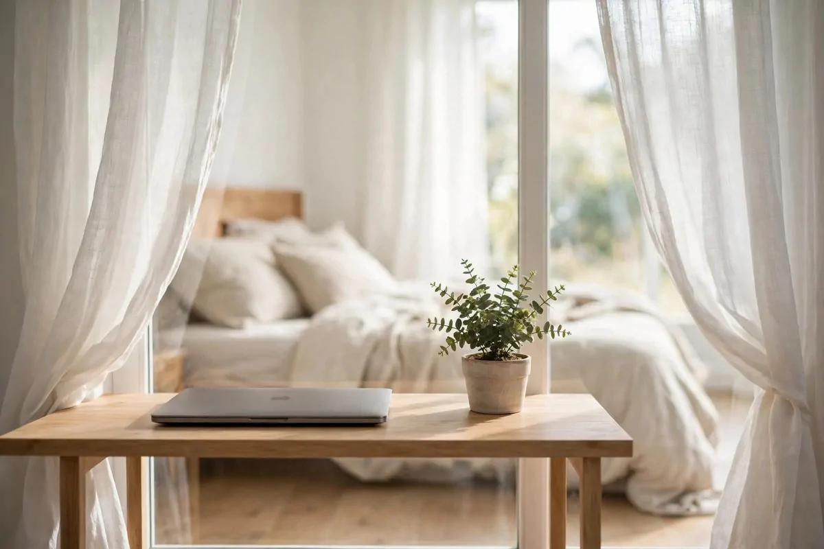 25 Bedroom Office Ideas That Keep Work Out of Sight 9 Slim desk placed in front of a large bedroom window with daylight
