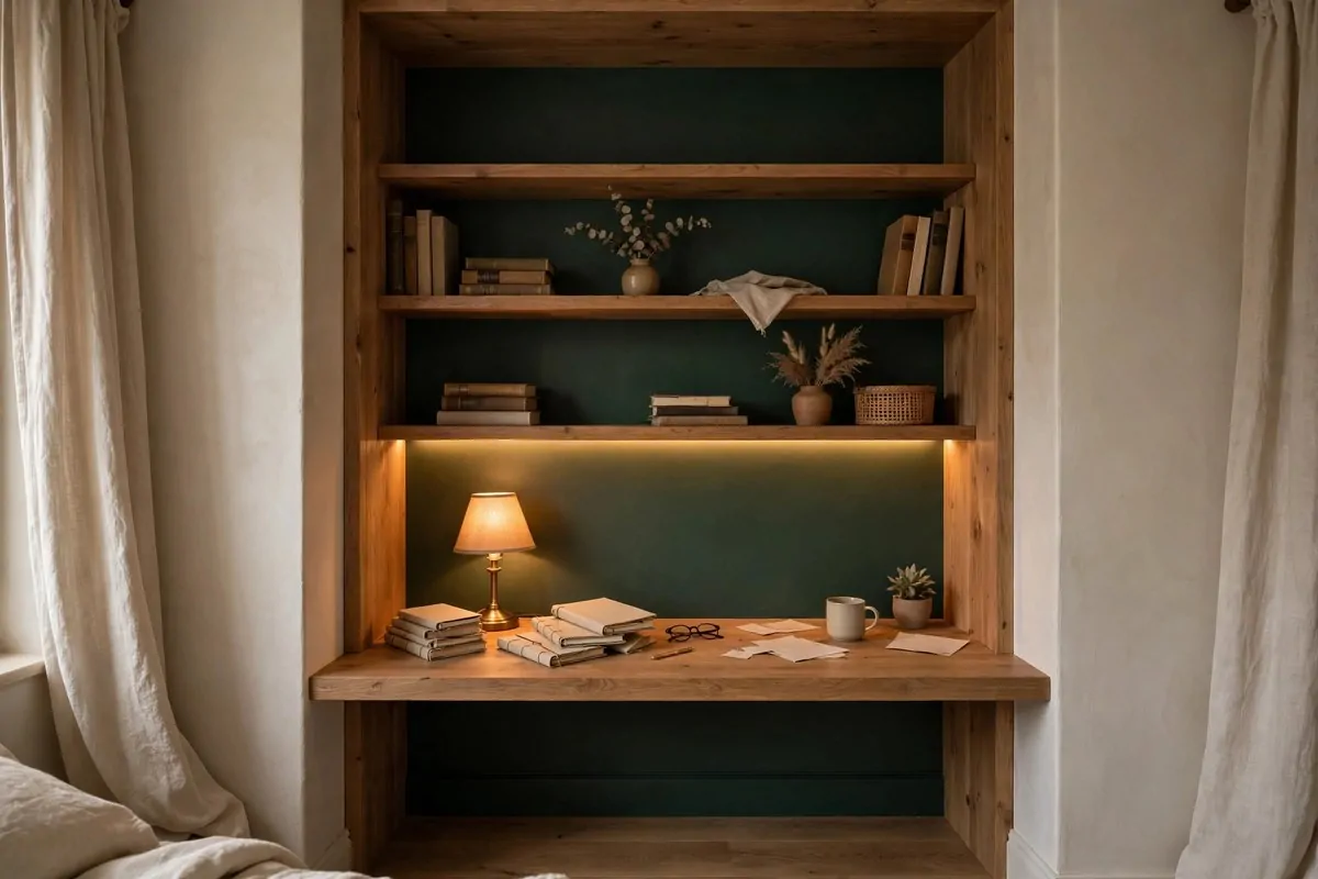 25 Bedroom Office Ideas That Keep Work Out of Sight 10 Desk set into a bedroom wall alcove with built-in shelves and warm lighting